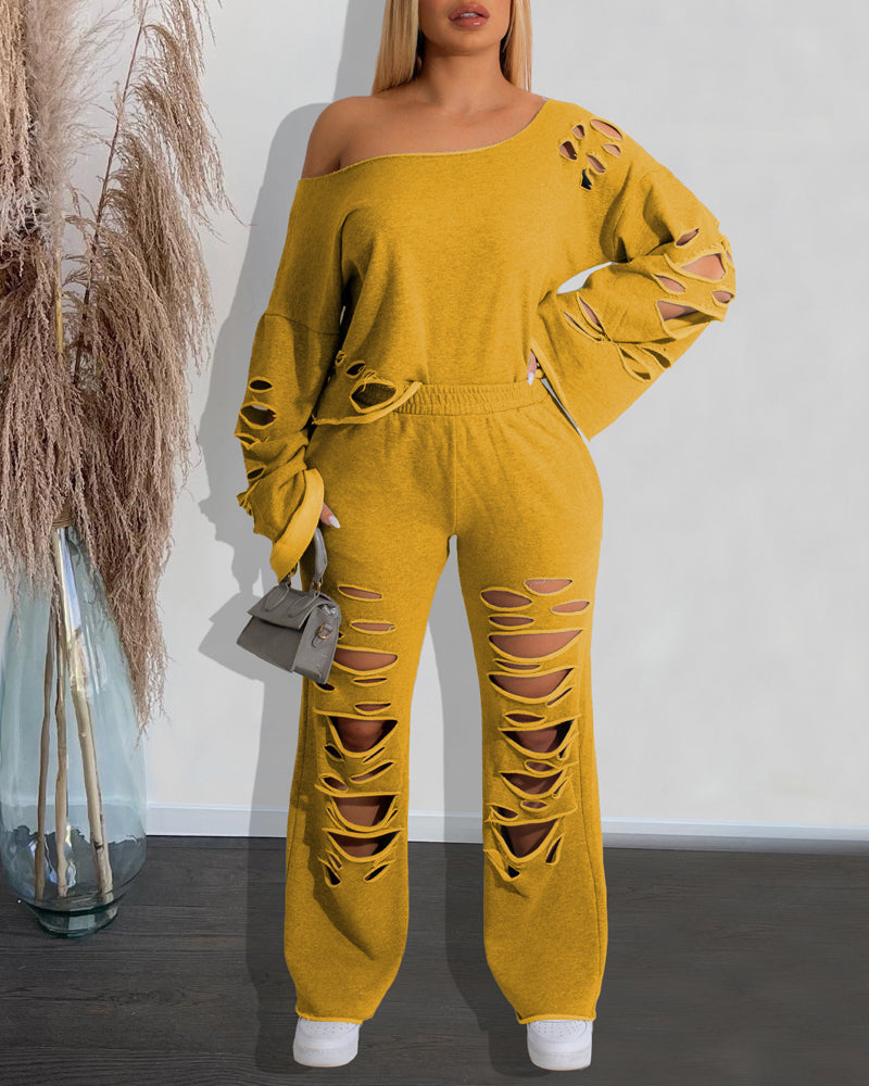 Women's Ripped Asymmetrical Neckline Pullover and Wide-leg Pants Casual Sportswear Set