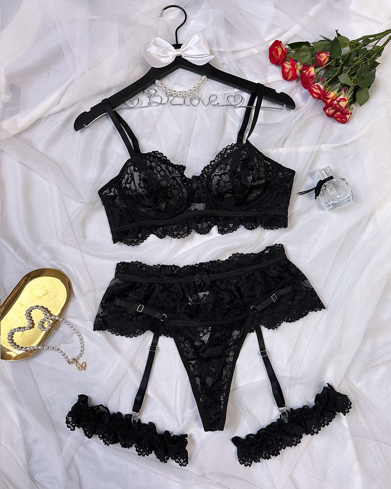 Floral Lace Mesh Underwire Bra Lingerie and Detachable Lace Thigh Garter Belt Set