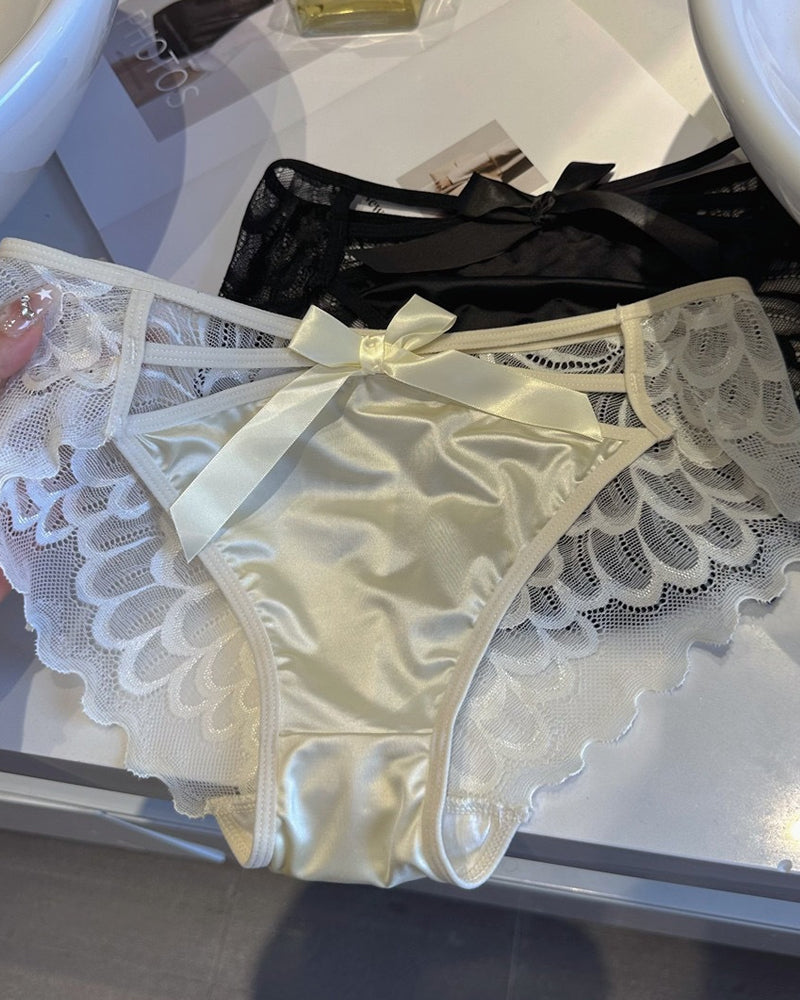 Low-rise Satin Bow-embroidered See-through Lace Panties