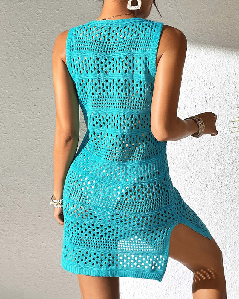 Beach Vacation Knitted Openwork Cover-up Vest Dress