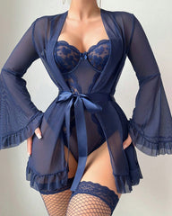 Lace Slip Dress Mesh See-through Tie-up Robe Loungewear Set