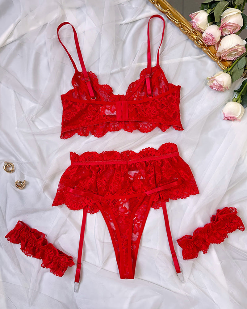 Floral Lace Mesh Underwire Bra Lingerie and Detachable Lace Thigh Garter Belt Set