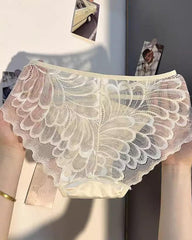 Low-rise Satin Bow-embroidered See-through Lace Panties