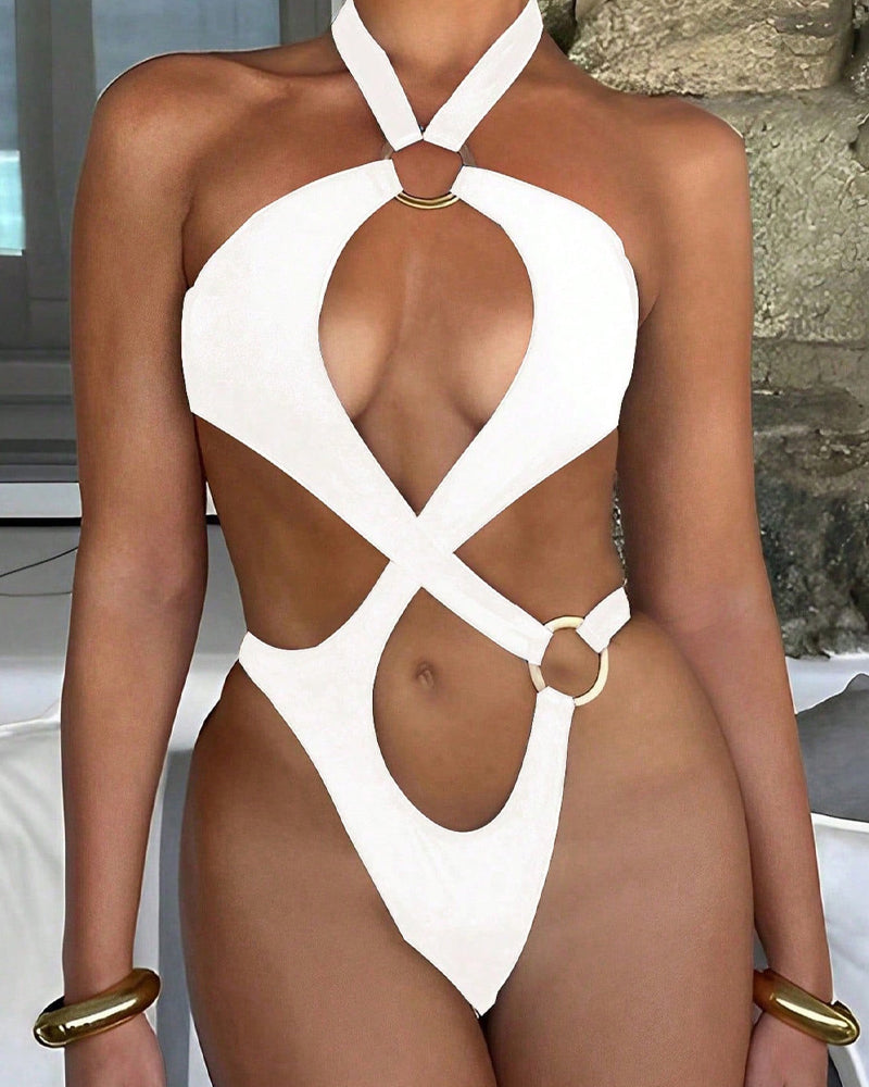 Halter Neck Backless O-ring Cutout One-piece Swimsuit