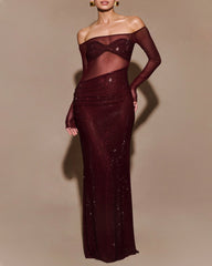 Christmas Sparkly Off-shoulder Fitted Sheer Mesh Long Dress