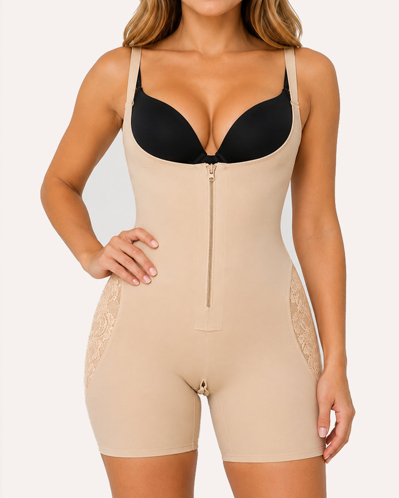 Open Bust Tummy Control with Zipper See-through Mesh Seamless Shapewear