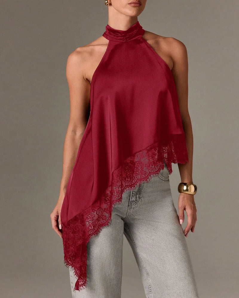 Women's Sleeveless Lace-trimmed Asymmetrical Halter Neck Satin Breathable Top