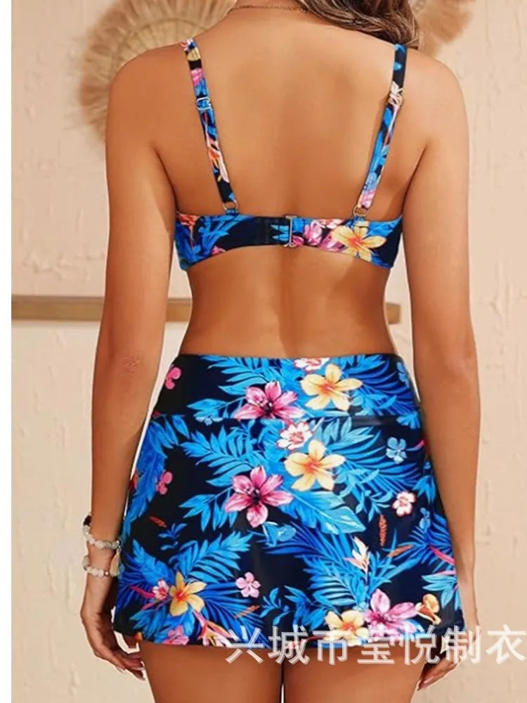 ropical Print Bikini Set Jungle Leaf Two Piece Halter & Floral Bikini Sundress