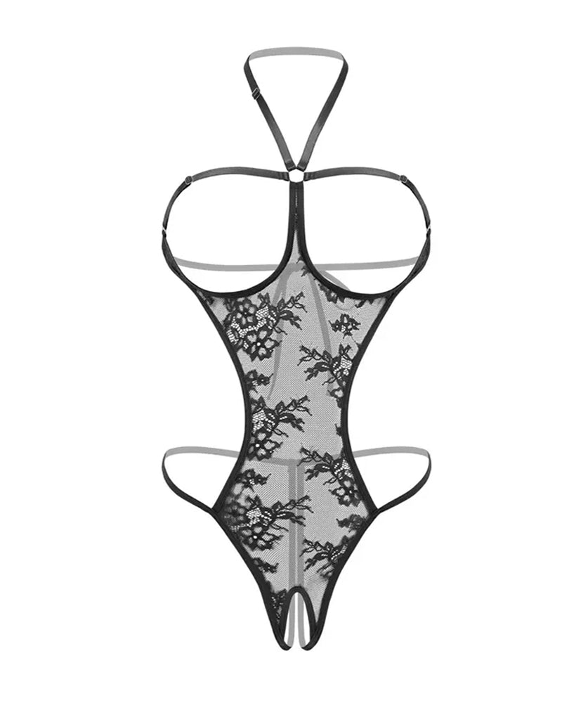 Lace Cutout Mini Bodysuit Halter Teddy Nightie