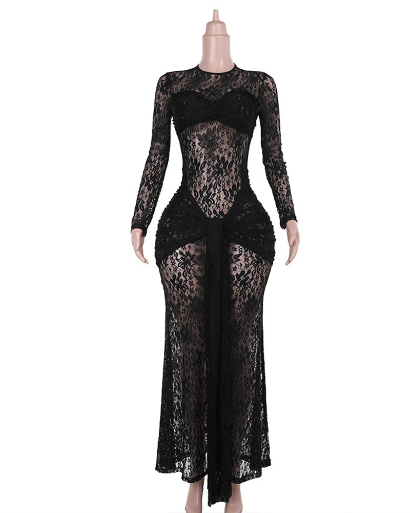 Form-fitting Lace Bodycon Long-sleeved Round Neck Dress