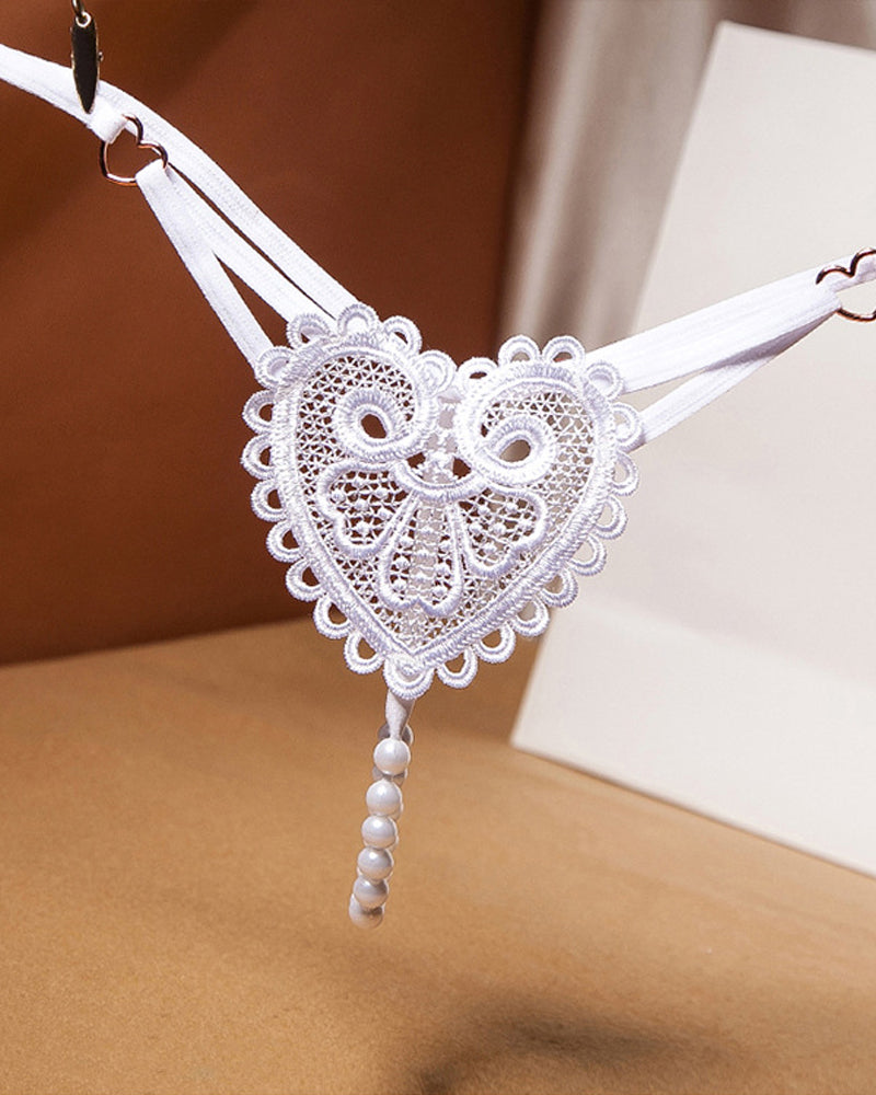 Heart-Shaped Lace Flower Pearl Embellished Thong