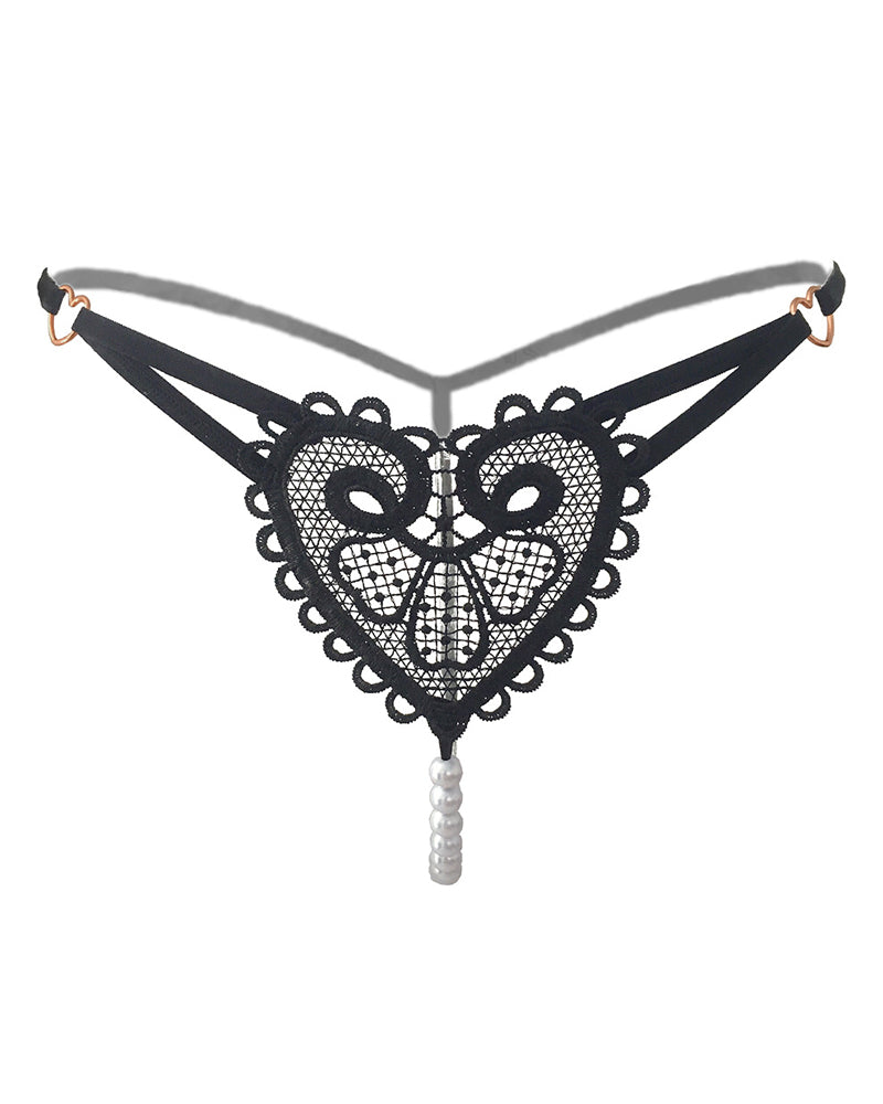 Heart-Shaped Lace Flower Pearl Embellished Thong