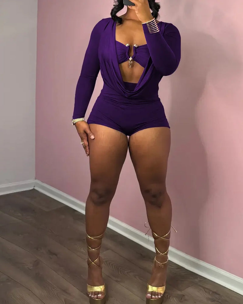 Women's Casual Two-in-one Draped Design Slim-fit Long-sleeved Jumpsuit