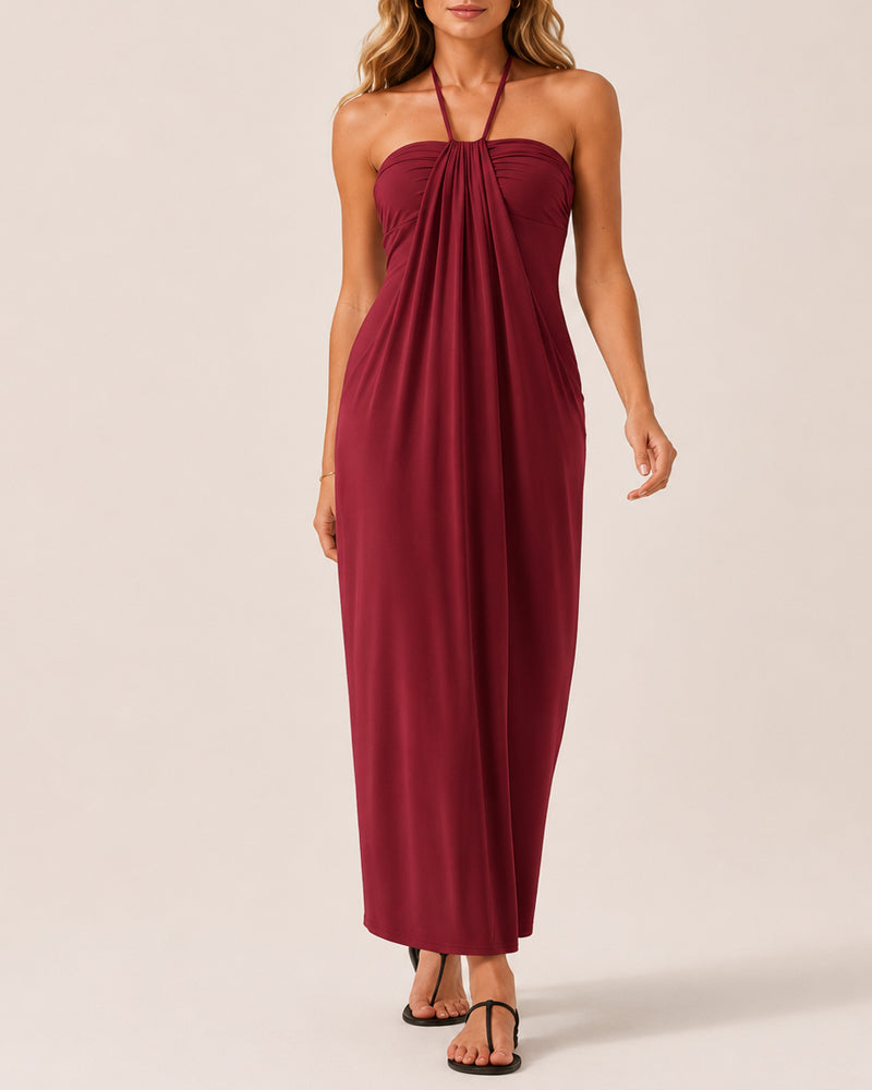 Halter Neck Backless Tie-up Long Dress with Pockets