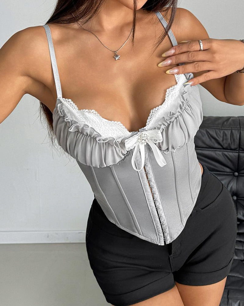 Sheer Mesh Lace Patchwork Boning Spaghetti Straps Corset Top