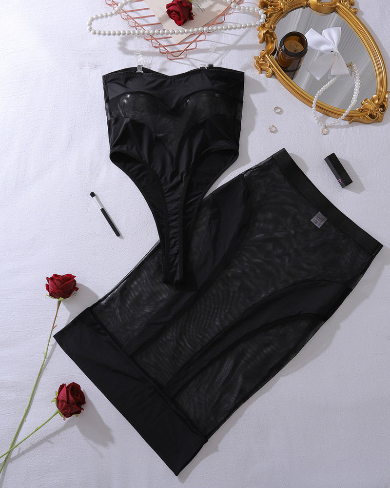 See-through Mesh Strapless Bodysuit with Fitted Skirt Lingerie Set