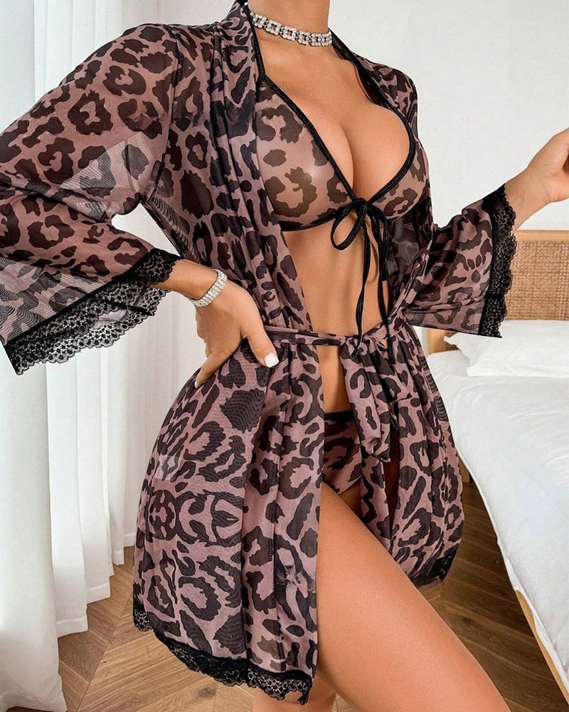 Leopard Print Mesh Halter Bikini and Robe Set