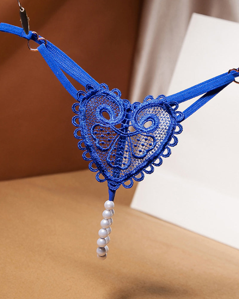 Heart-Shaped Lace Flower Pearl Embellished Thong