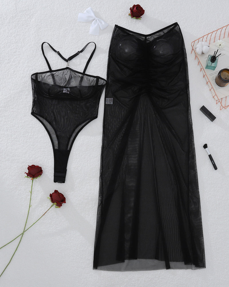Black Halter-neck Sheer Mesh Bodysuit and Long Skirt Set