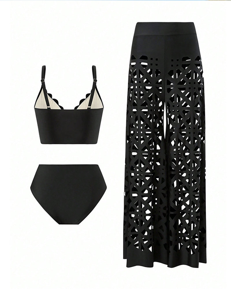 Deep V Neck Cutout Bikini Swimsuit and Wide-leg Pants