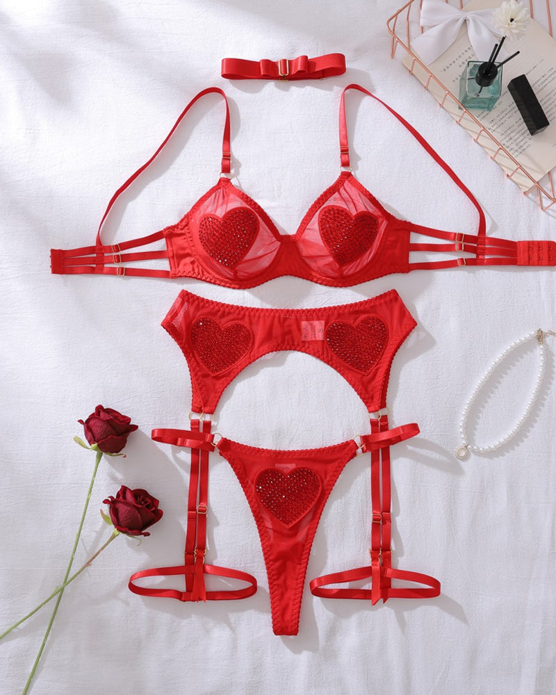 Sheer Mesh Heart-shaped Rhinestone Embellishments Lingerie Set