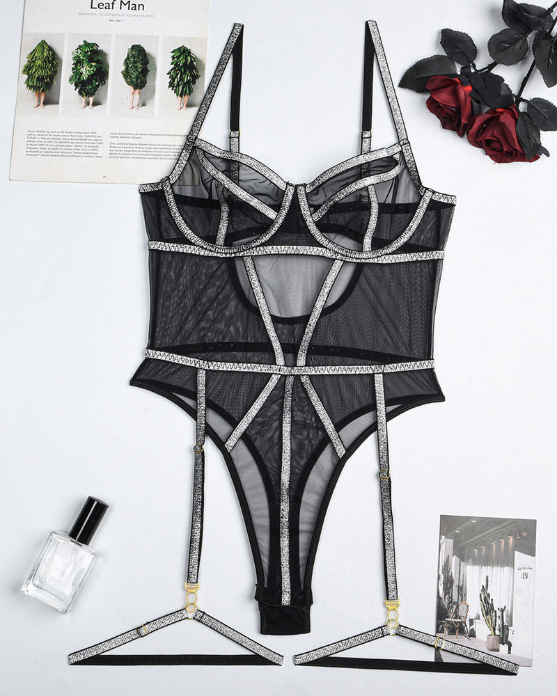 Mesh Sheer Gold Thread Patchwork Erotic Bodysuit