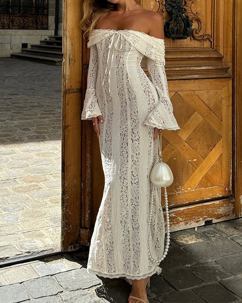 Women's Solid Color Lace Off-Shoulder Long Sleeve Slim Fit Dress