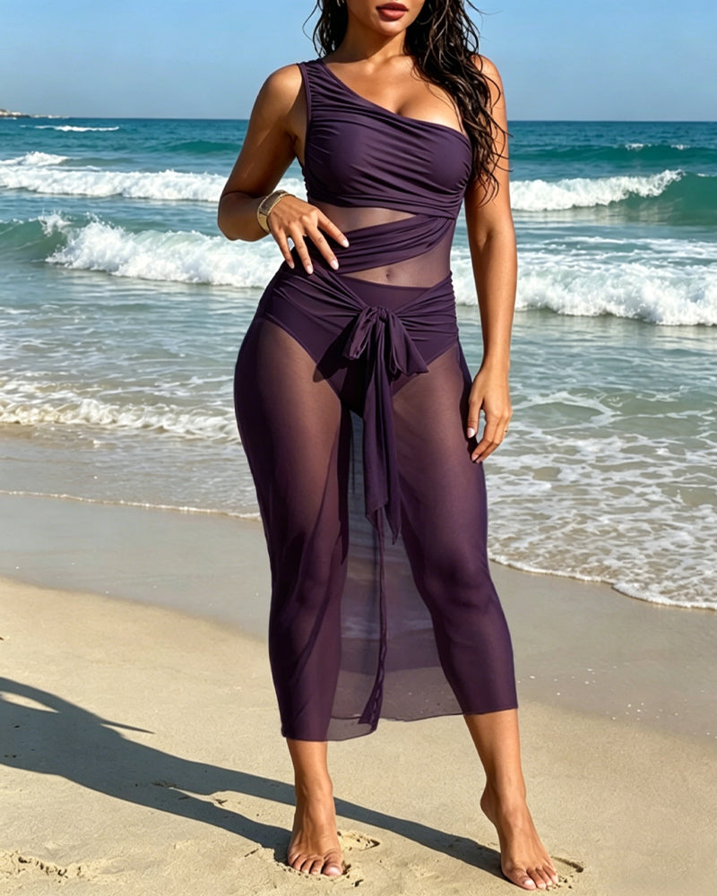 Vacation One-shoulder Mesh Hollow-out Patchwork Swimsuit and Sarong Skirt Set