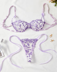 Sheer Mesh Heart-shaped Embroidery Underwire Lingerie Set