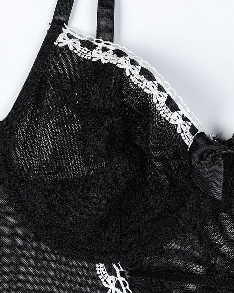 Lace Mesh See-Through Straps Cross Bow Mesh Ruffled Nightdress