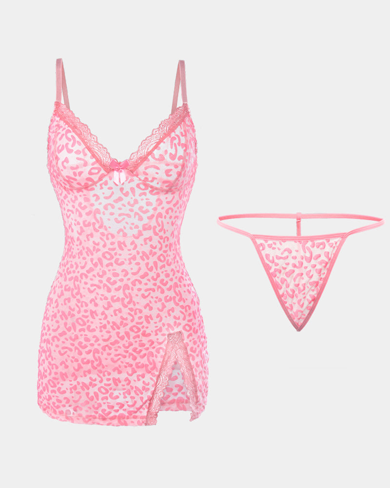 Deep V Flocked Leopard Print See-Through Mesh Bodycon Nightgown