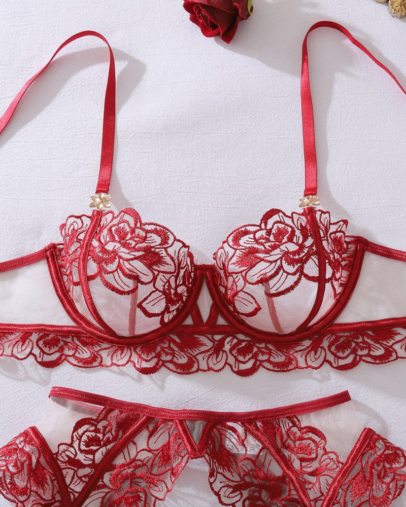 Floral Embroidery See-through Push-up Shaping Thin Lingerie Set with Stockings