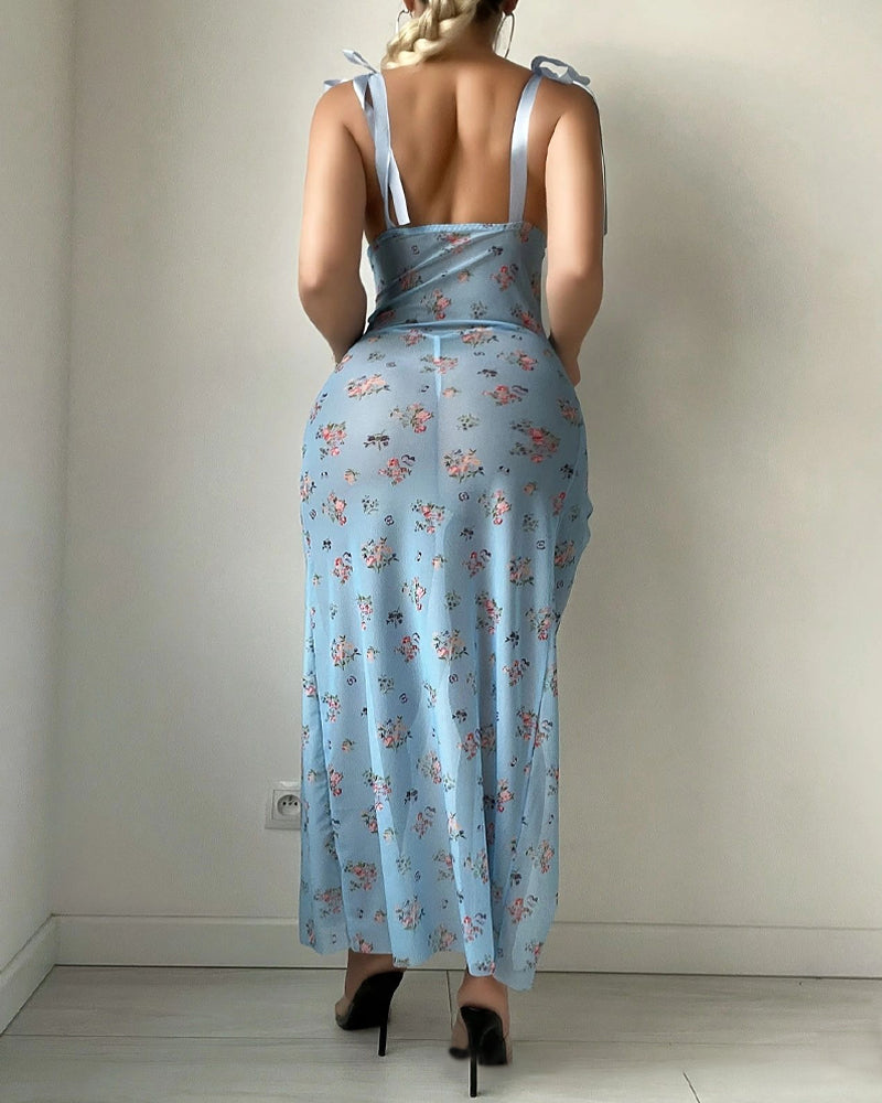 Deep V Floral Print See-through Mesh High Slit Camisole Long Nightgown and Thong Set