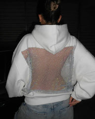 Fashion Solid Color Backless Cutout Mesh Panel Long-sleeved Hooded Sweatshirt