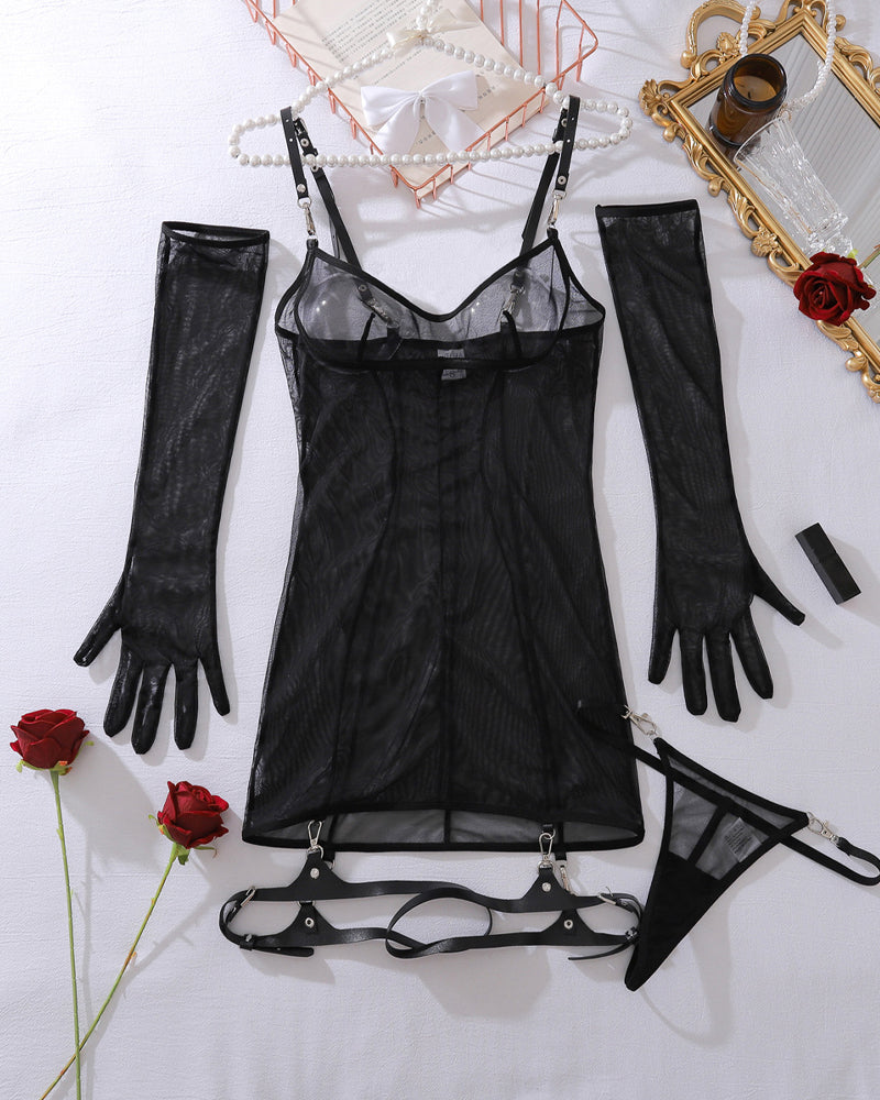 See-through Mesh Bodycon Dress with Gloves Set