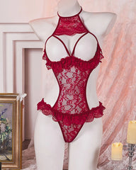 Halter Neck Floral Lace See-through Cutout Bust Bodysuit Lingerie