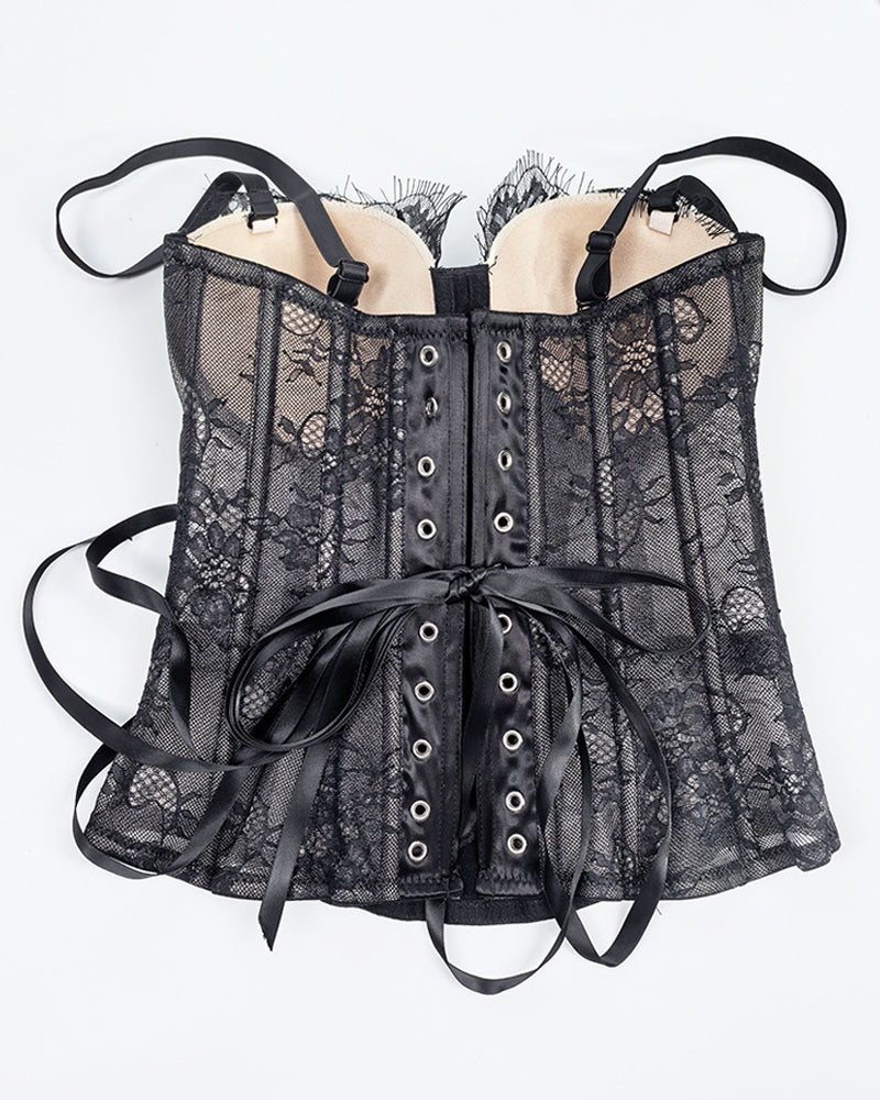 Strapless Lace Mesh See-through Underwire Bra Back Tie Fishbone Top