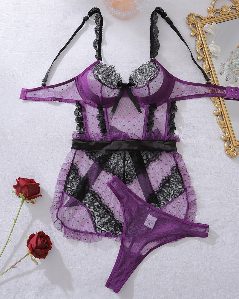 Colorblock Lace See-through Mesh Hollow-out Backless Underwire Lingerie Set