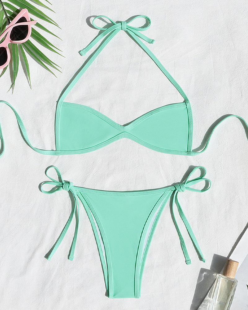 Solid Color Halter Neck Mini Pleated Beach Bikini