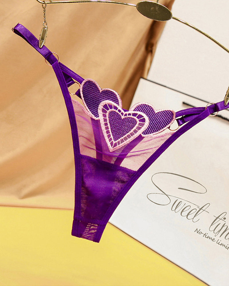 Heart Embroidered Sheer Mesh Thong