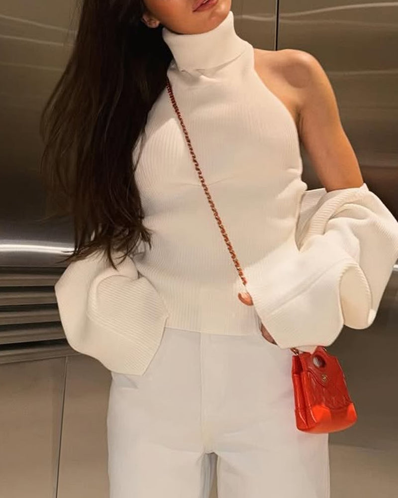 High-neck Backless Buckle Closure Knitted Vest and Long-Sleeved Cardigan Two-piece Set