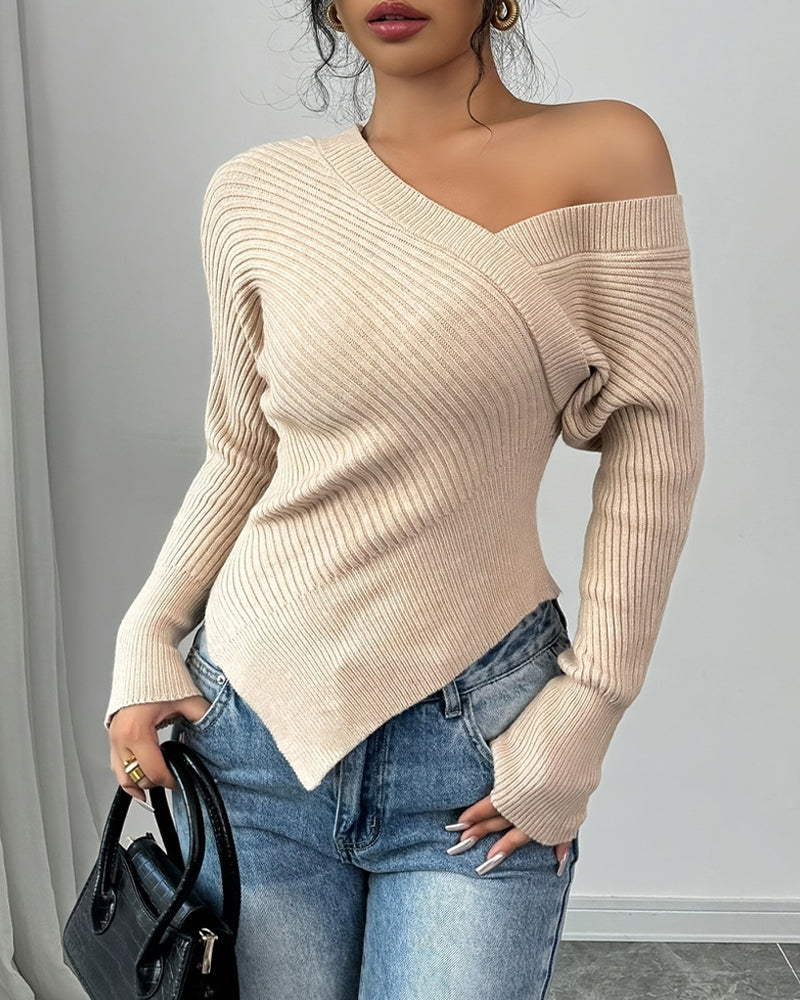 Off-the-shoulder Irregular Knit Stretch Sweater