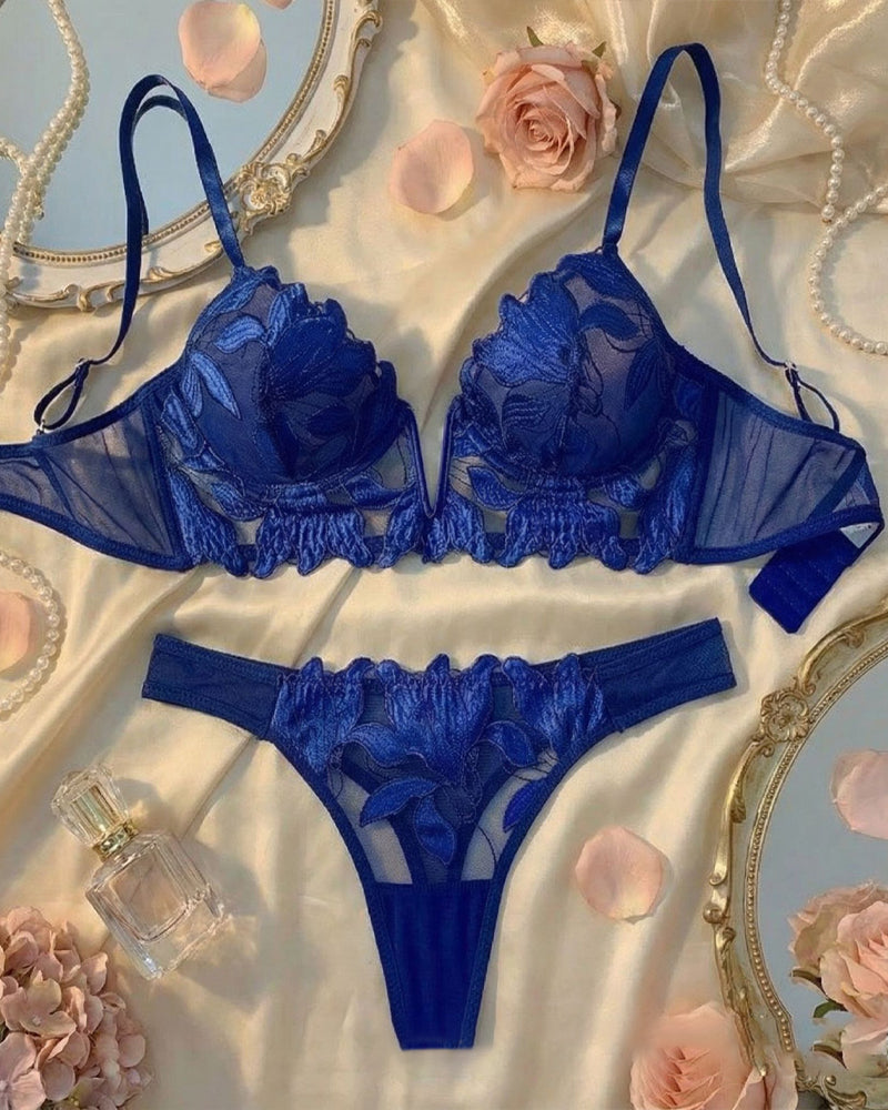 Deep V Floral Embroidered Mesh Push-up Bra and Panty Lingerie Set