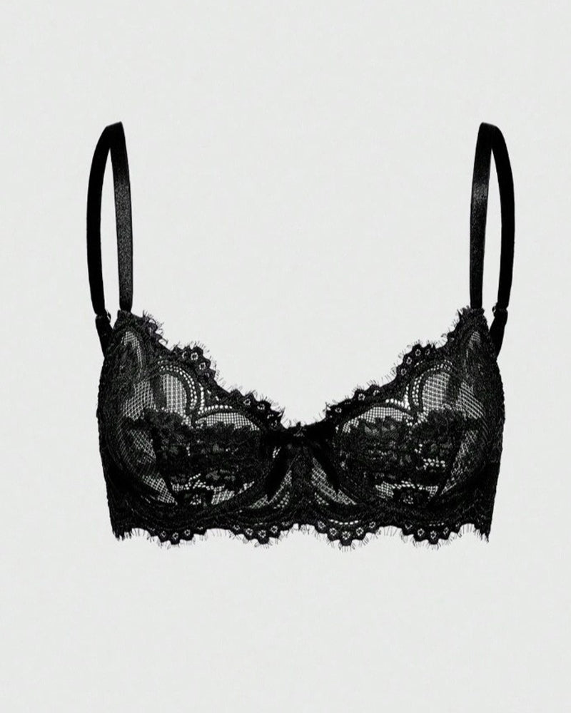 Eyelash-trim Floral Lace Sheer See-through Bra