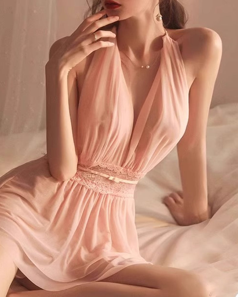 Deep V Halter Neck Backless Mesh Lace Nightgown