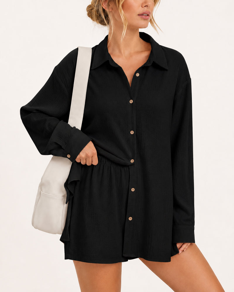 Casual Loose Long Sleeve Shirt and Shorts Set