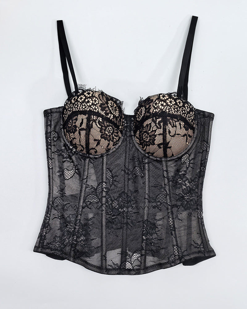 Strapless Lace Mesh See-through Underwire Bra Back Tie Fishbone Top