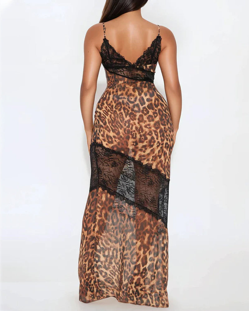 Leopard See-through Lace Patchwork Bodycon Long Slip Dress