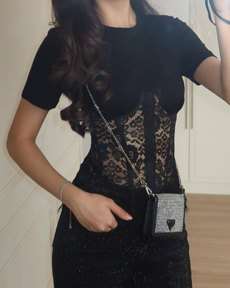 Lace Sheer Paneling Fitted Waist Round Neck Back Drawstring Short-sleeved Top