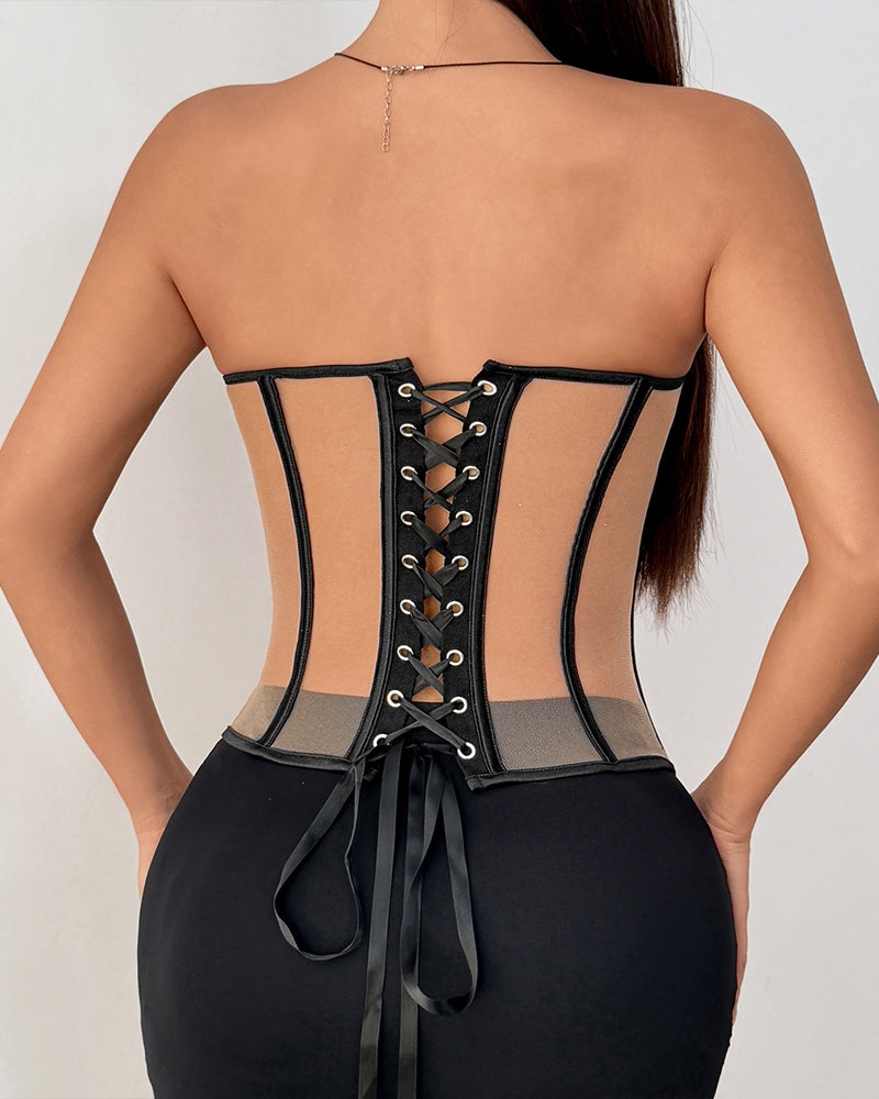 Underwired Backless Drawstring Waist Tight-fitting Sheer Bandeau Top